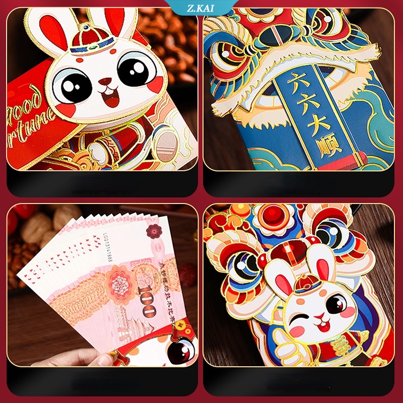 Motif Kelinci Zodiak Lucu Paket Merah Cetak Kelinci1/6 Pcs Hadiah Imlek Anak Festival Musim Semi Desain Kartun Amplop Merah [ZK]