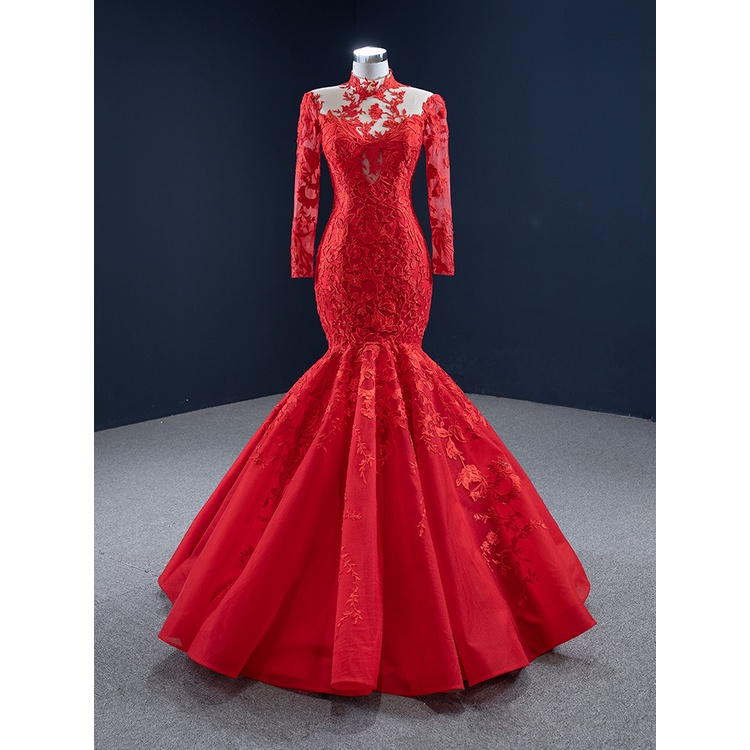 Gaun merah lengan panjang yang dapat disesuaikan 2022 pakaian pengantin baru bersulang temperamen putri duyung mengikuti pakaian kinerja tuan rumah