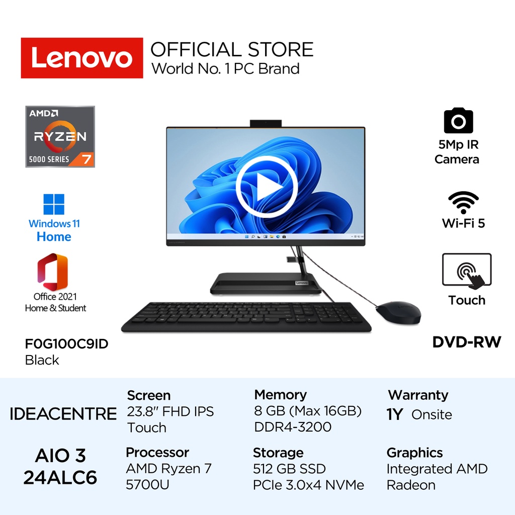 Lenovo PC IdeaCentre AIO 3 24ALC6 AMD Ryzen 7 5700U Win11 Home 8GB 512GB SSD 23.8" FHD IPS Touch Int