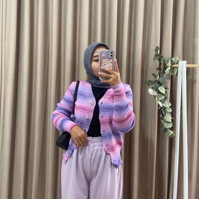 Cardigan Kancing Rajut Wanita Stripe Casual Outer Terbaru