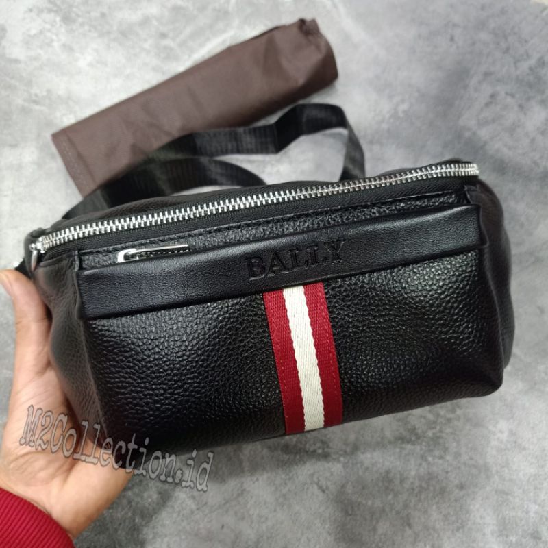 Waistbag Bally list Merah Putih LEATHER belt Bag tas pinggang premium impor