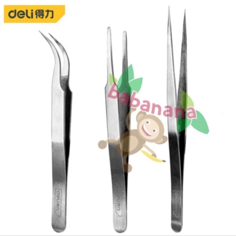 Deli DL396003 silver tweezer set pinset isi 3 stainless steel pencapit