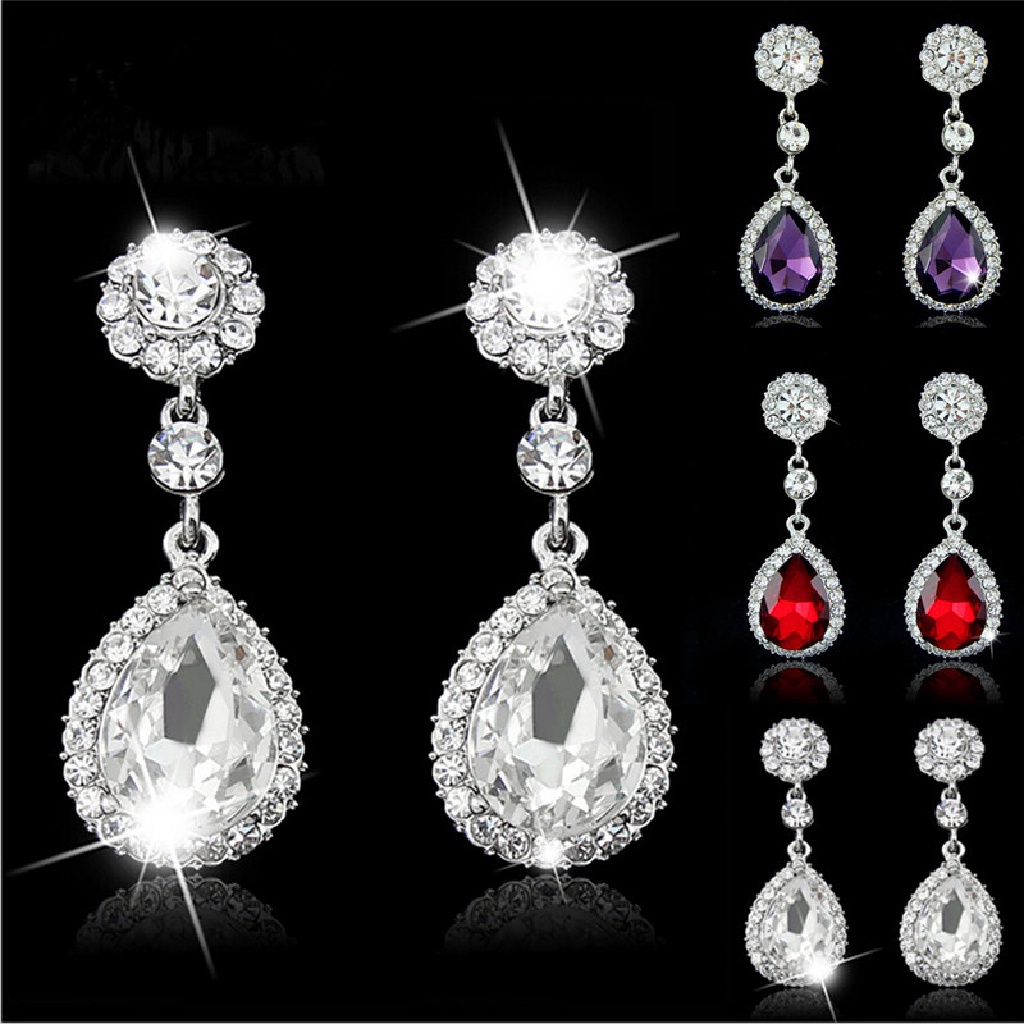 /Fashion Hot// Fashion// Wanita Pesona Berlian Imitasi Bridal Water Drop Earrings Pernikahan Kristal Stud Earings.