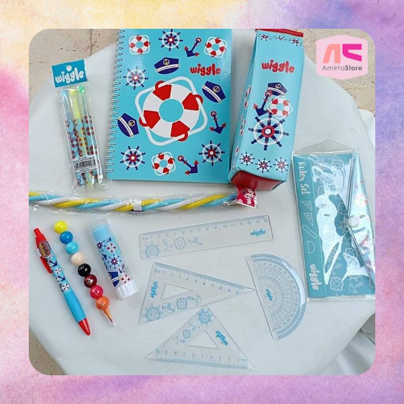 

[1 set] Alat Tulis Wiggle Rainbow : pensil mekanik, penghapus, penggaris, stabilo, lem, crayon, notebook A5, tempat pensil