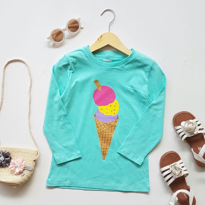 Kaos Anak Lengan Panjang Hijau Motif Ice Cream