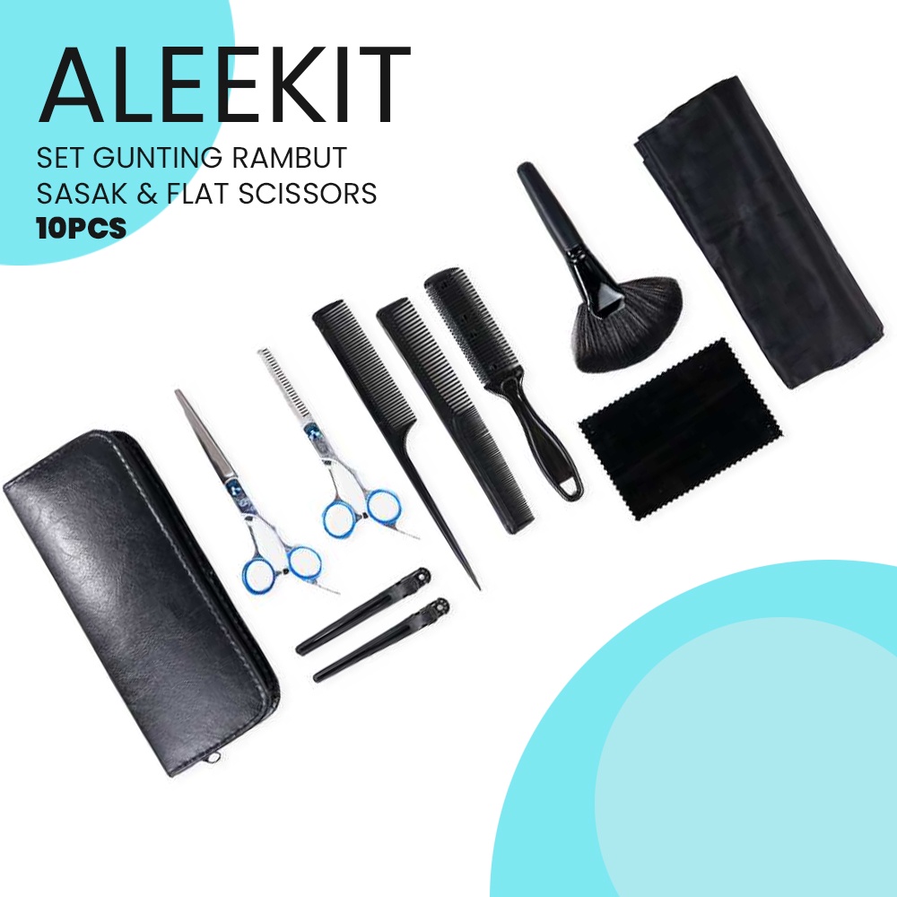 ALEEKIT SET GUNTING RAMBUT SASAK DAN FLAT HAIRDRESSING SCISSORS 10 PCS MR4017 BLUE