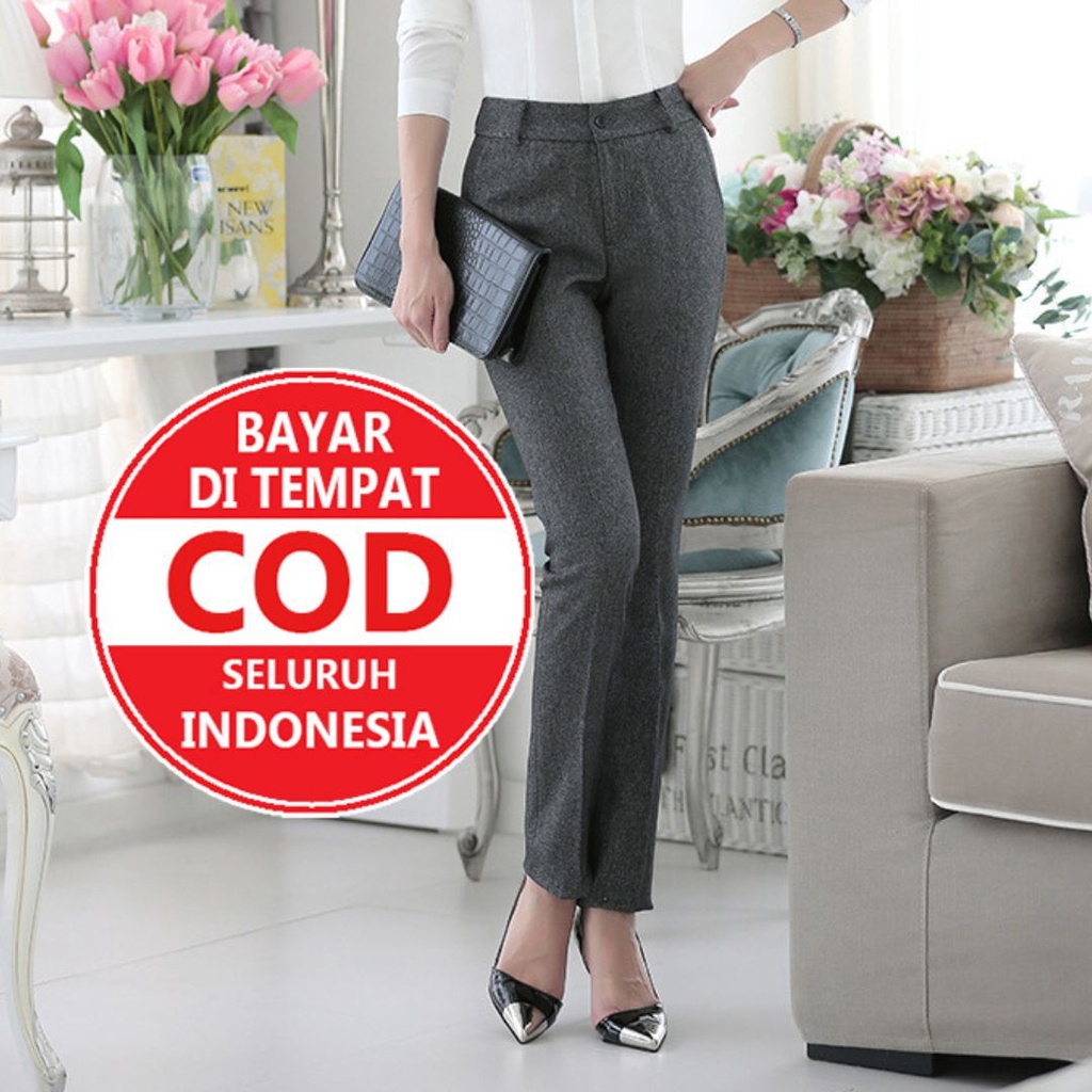 COD Celana Kerja Wanita Kantor Bahan Slim Fit Lurus Hitam Abu - Abu Biru Dongker Khaki Coklat krem Straight Kancing Clana Pinggang Karet Office Bisnis Kasual Formal Perempuan Bahan Drill Bayar Di Tempat Kekinian Distro Cardinal Zara high - waist