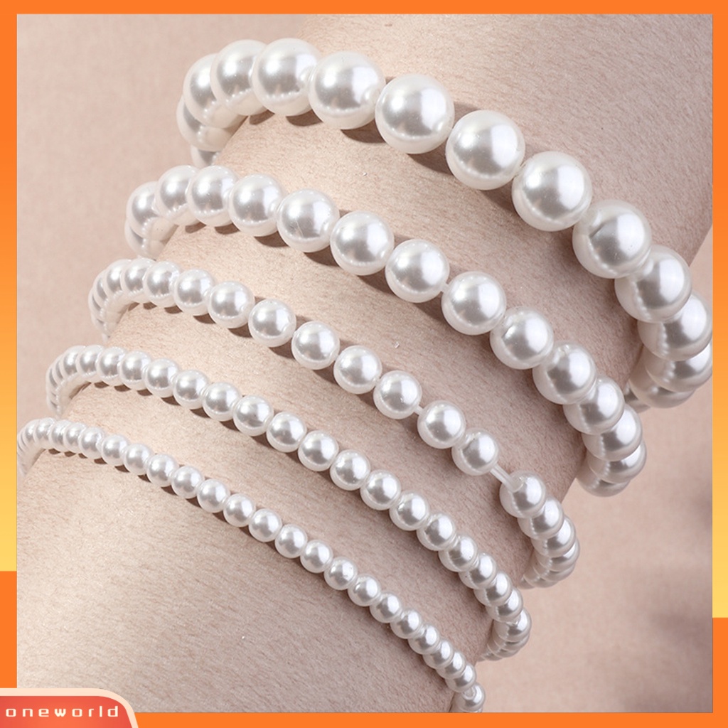 [WONE] 5 Pcs Wanita Gelang Peregangan Multilayer Perhiasan Plastik Faux Pearl Beads Bracelet Pernikahan