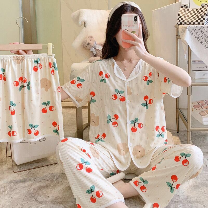 GROSIRTAS TG1523 Set Baju Tidur Wanita Berkerah/Piyama Set Motif 3 IN 1