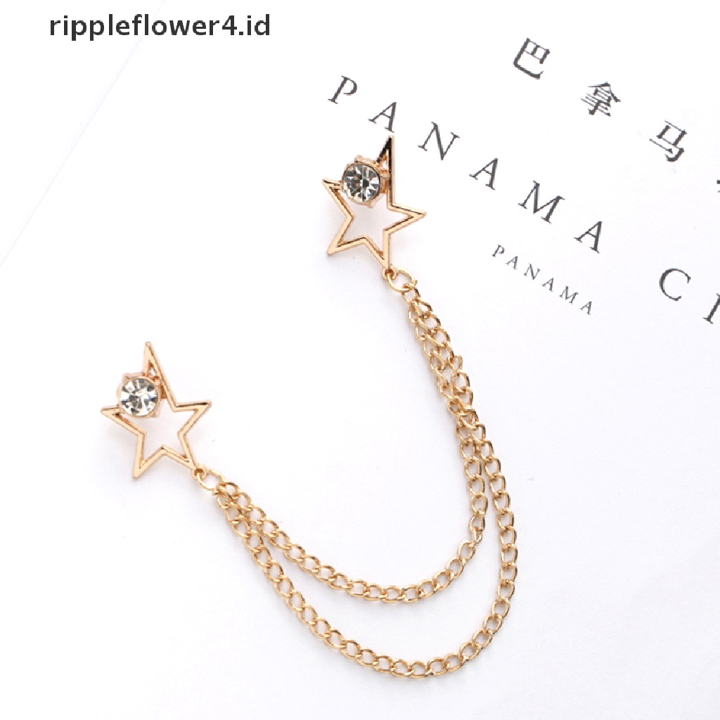 {rippleflower4.id} Retro Crystal Jam Bros Setelan Baju Rumbai Rantai Lapel Pin Wanita Pria Perhiasan~