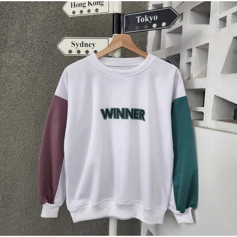 sweater crewneck wanita pria unisex WINNER switer cewek wowok kekinian sweater couple ukuran M L XL