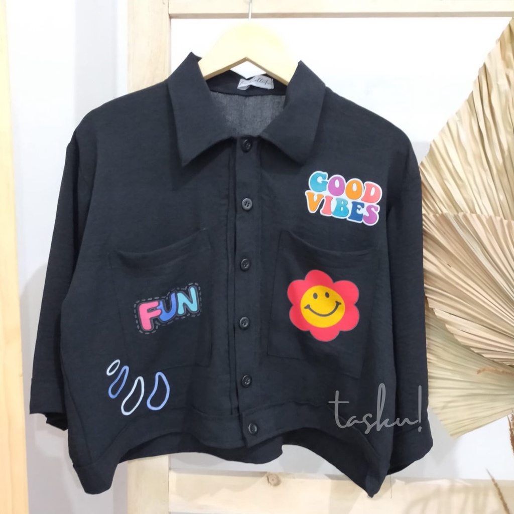 Kemeja Crop Crincle oversize - Kemeja Shirt Crincle sablon Outer Crop Murah - Bisa COD