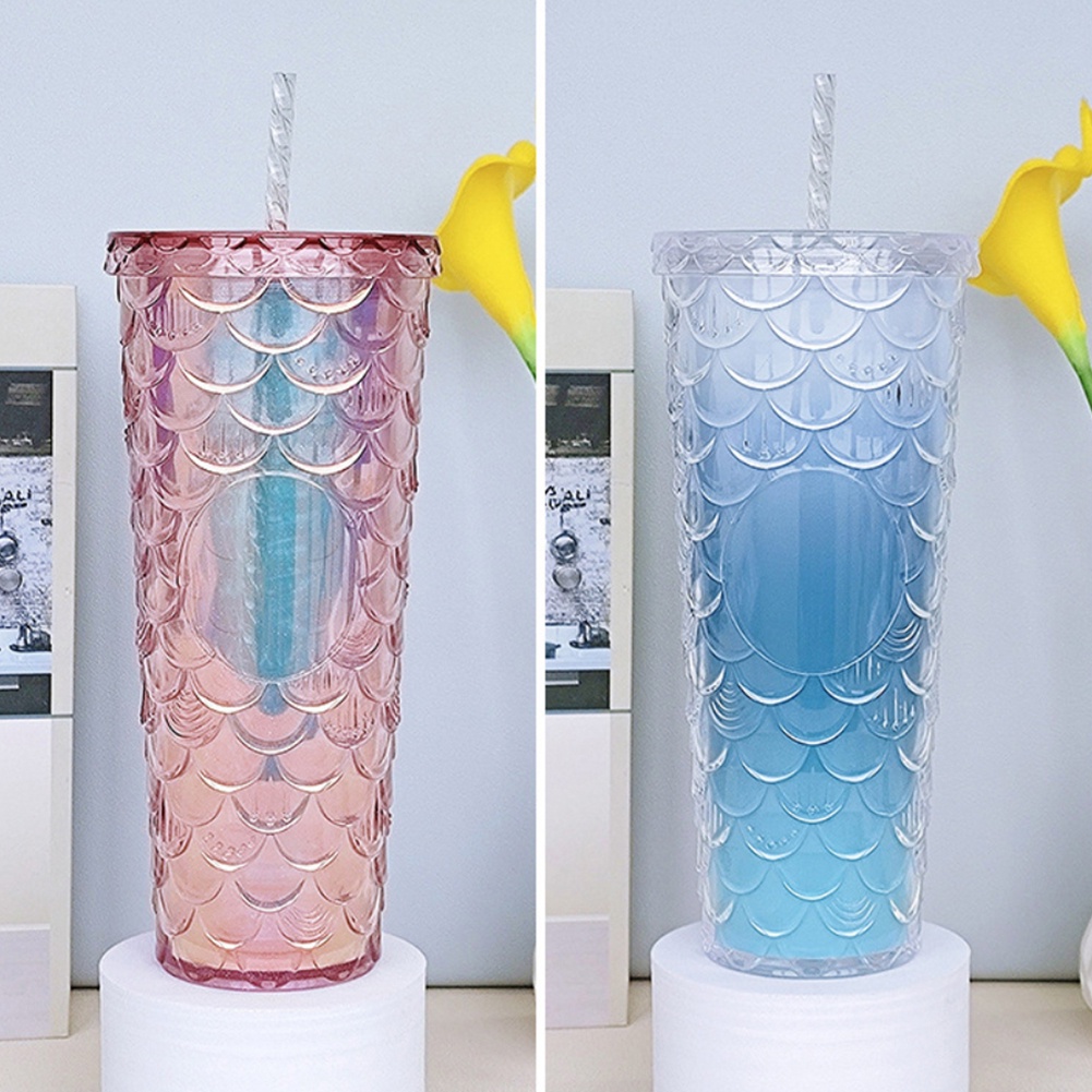 710ml Starbucks Straw Cup With Lid Double Layer Insulasi Panas Fish Scale Cup Net Botol Minum Tipe Merah