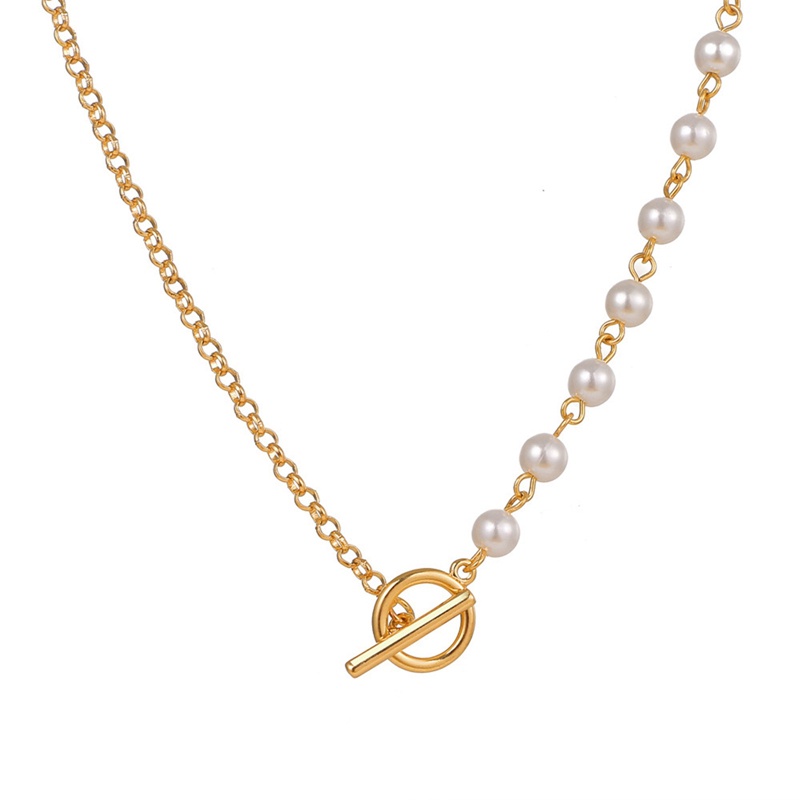 Ins Fashion Kalung Rantai Mutiara Wanita Warna Emas OT Gesper Alloy Bead Chain Necklace Untuk Wanita Pesta Perhiasan Hadiah