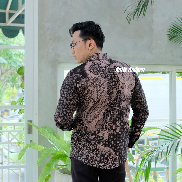 Baju Batik Pria Slim Fit Lengan Panjang Modern Bahan Katun Primisima Kualitas Premium Motif Burung Warna Hitam