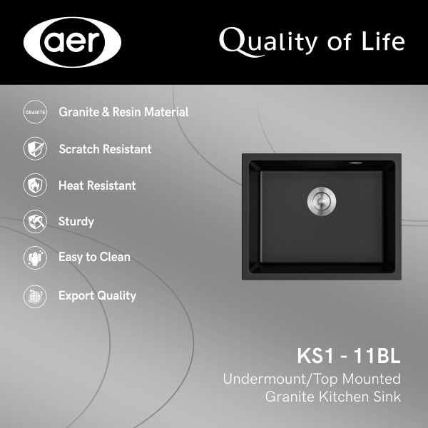 Bundling Kitchen Sink Granite KS 1-11BL+Kran Dapur Angsa Dingin Kuningan V 5P BL