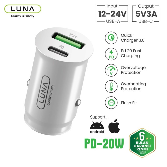 Carger Mobil Type C Luna Car PD 20W Iphone Original Dual USB 2 Port Type C Putih V4G4 Universal New 