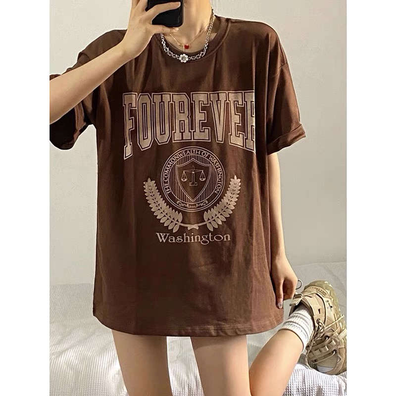 Letter Kaos Lengan Pendek Cream Atasan Wanita Oversize Printed T-shirt Kekinian Korean Style