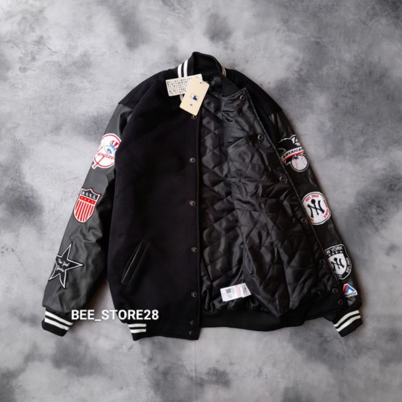 JACKET VARSITY NY MLB HITAM FULL BLACK LOGO PACT BORDIR PREMIUM FULLTAG &amp; LEBEL