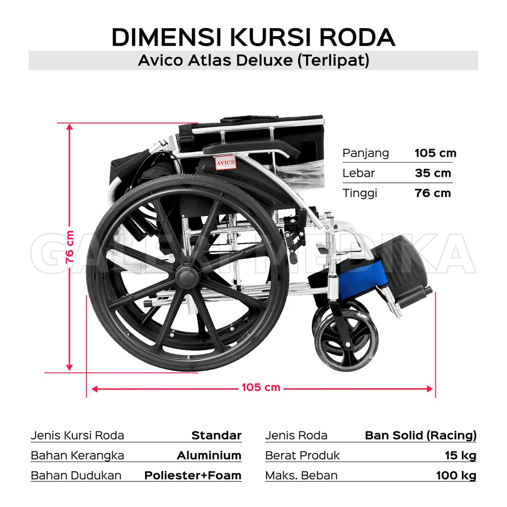 Kursi Roda Aluminium Avico Atlas Deluxe / Aluminium Wheelchair Busa Tebal Nyaman (Khusus GOJEK)