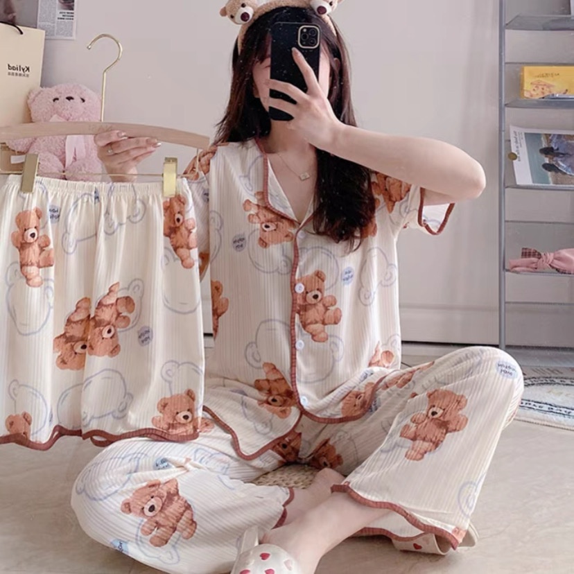 Pamelo Piyama 3in1 Baru Stelan Piyama Import Baju Tidur Import Pakaian wanita Korea Style