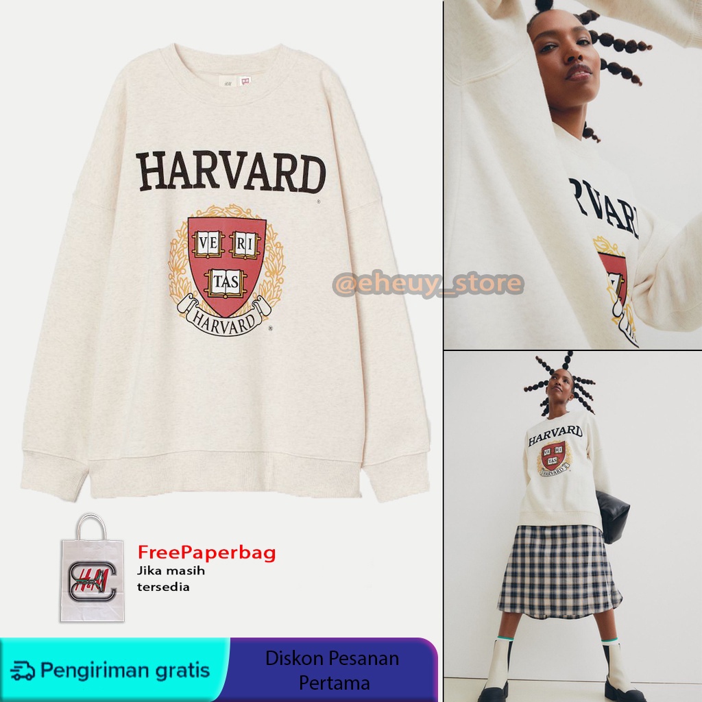 Crewneck H&amp;M Harvard Putih Gading Oversize Sweater HnM Pria Wanita Sweatshirt white broken