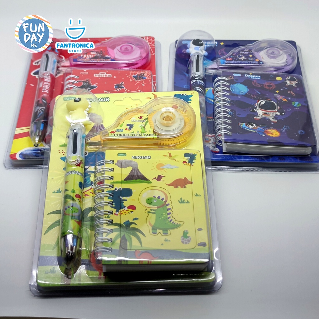 

Set Alat Tulis Fancy Space / Paket alat tulis Spiderman / Study Set Kit Dinosaurus Pulpen / bolpen / Pen 6 warna 6in1, Notes , catatan kecil dan correction tape / Type X tipe x