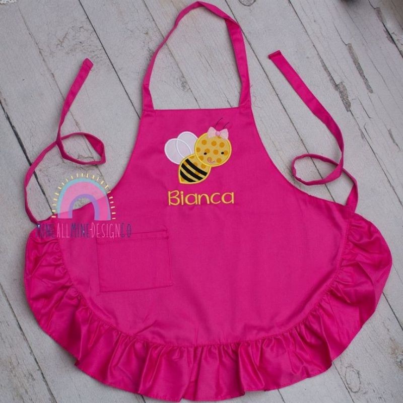 Celemek Apron Anak dan Dewasa Renda Cuztom Free Bordir Nama / gambar