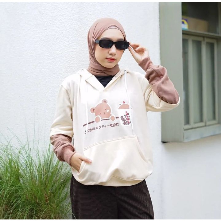 Sweater Hoodie PANDA COMBINE Jacket Wanita Lengan Kombinasi Korean Style Pakaian Kasual Santai