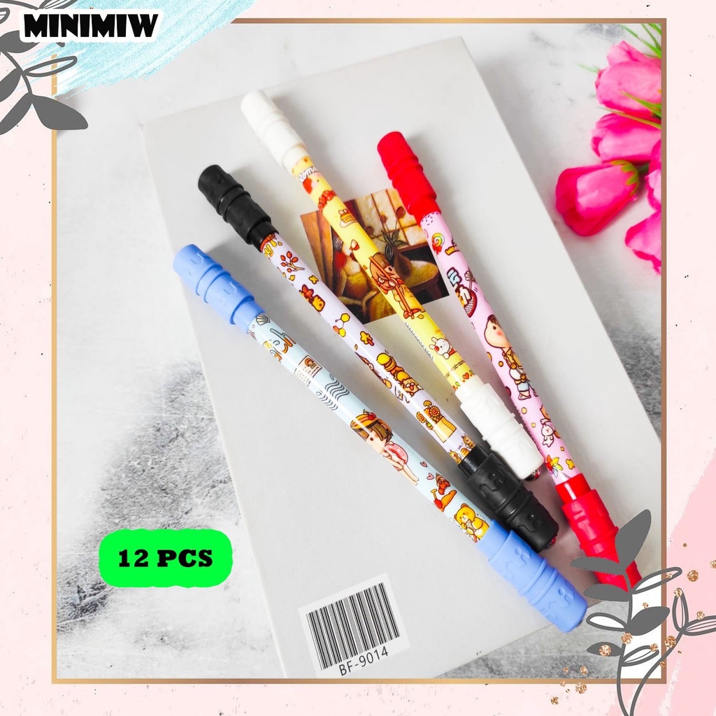 SELUSIN PULPEN MAINAN PUTAR MAGNET CEWE BOLPEN ISI 12PCS SPINNING SPINNER PEN GEL KARAKTER CUTE GIRL PENA UNIK LUCU MURAH