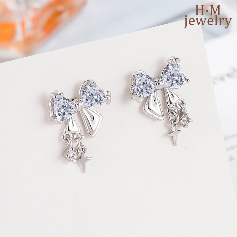 Starry Bright Bow AAA Zircon Stud Earrings Anting Gaya Keren Manis