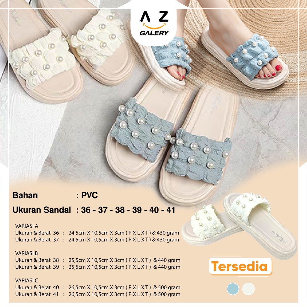 Sandal Slop Flat Sandal Wanita Slip On Fashion Style Ornamen Mutiara Sandal Kasual Nyaman Empuk PVC  Import Murah Harga Grosir Azgalery SPT-36