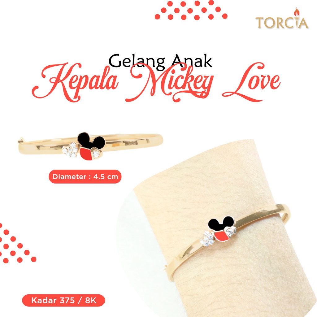 Gelang Bayi dan Anak Emas Asli Kepala Mickey Love Kadar 375 Torcia