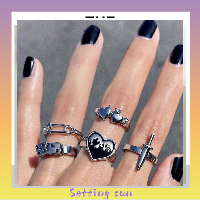 Domingo Ring Alloy peniti dadu love pedang retro silver cincin wanita fashion korea 5 set TN