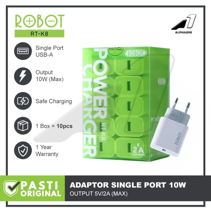 ROBOT Adaptor Kepala Charger RT-K8 Batok Casan HP Quick Charge 10 pcs