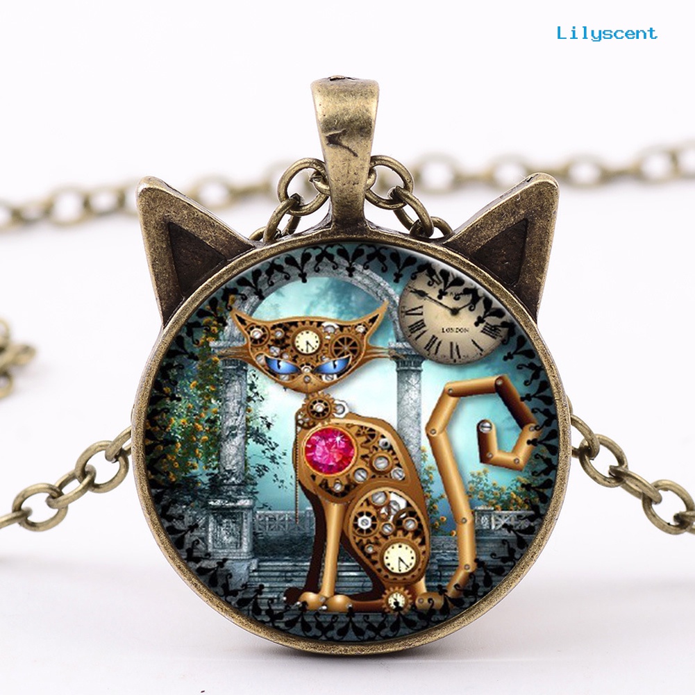 [LS] Unisex Kucing Kaca Cabochon Liontin Vintage Perhiasan Rantai Kalung Hadiah