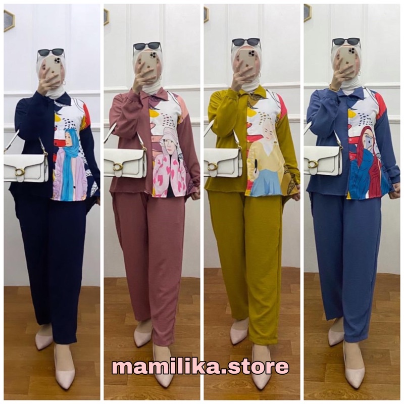 [BEST SELLER] TANISHA SET PRINTING | ONE SET CRINKLE AIRFLOW  | ONE SET WANITA KEKINIAN | SETELAN KEMEJA