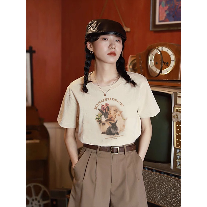 [chaoo.id]3 warna 100% Katun Graphic Tee Baju Wanita Cute Rabbit Atasan Wanita Oversize Kaos Putih T-shirt Couple Korean Style