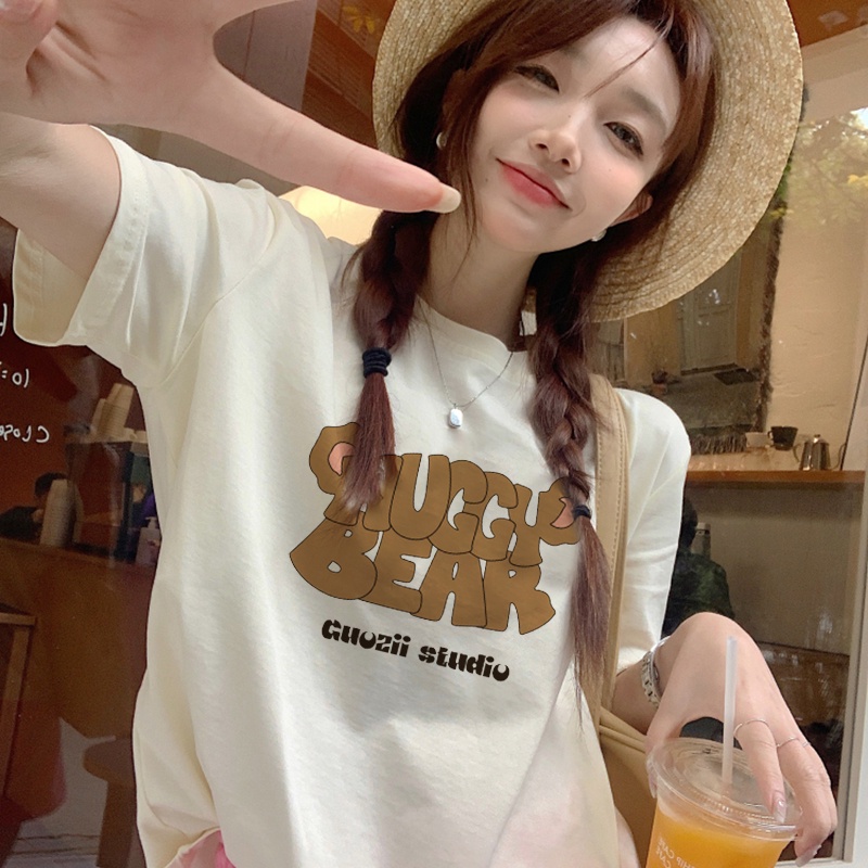 Print T-shirt Kaos Lengan Pendek Cartoon Bear Ears Atasan Wanita Oversize Korean Style