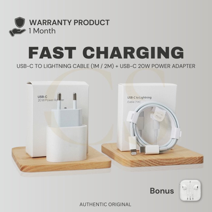 Charger iPhone Original 100% Fast Charging 20W Adaptor USB-C + Kabel - 20W + Kabel 1M