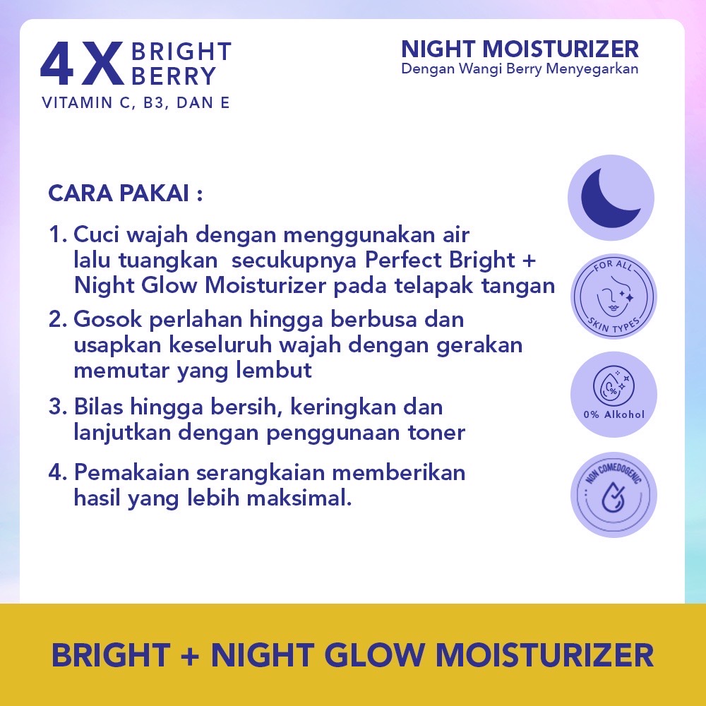 WARDAH Perfect Bright Night Moisturizer Bright + Night Glow Indonesia / Pelembab Wajah 20ml / 4X Bright Berries / With Vit B3 C E / Cerah + Glowing Ternutrisi / Skincare Face Care Series Facial Cream Melembabkan Berminyak Halus Brightening Glowing Hidrasi