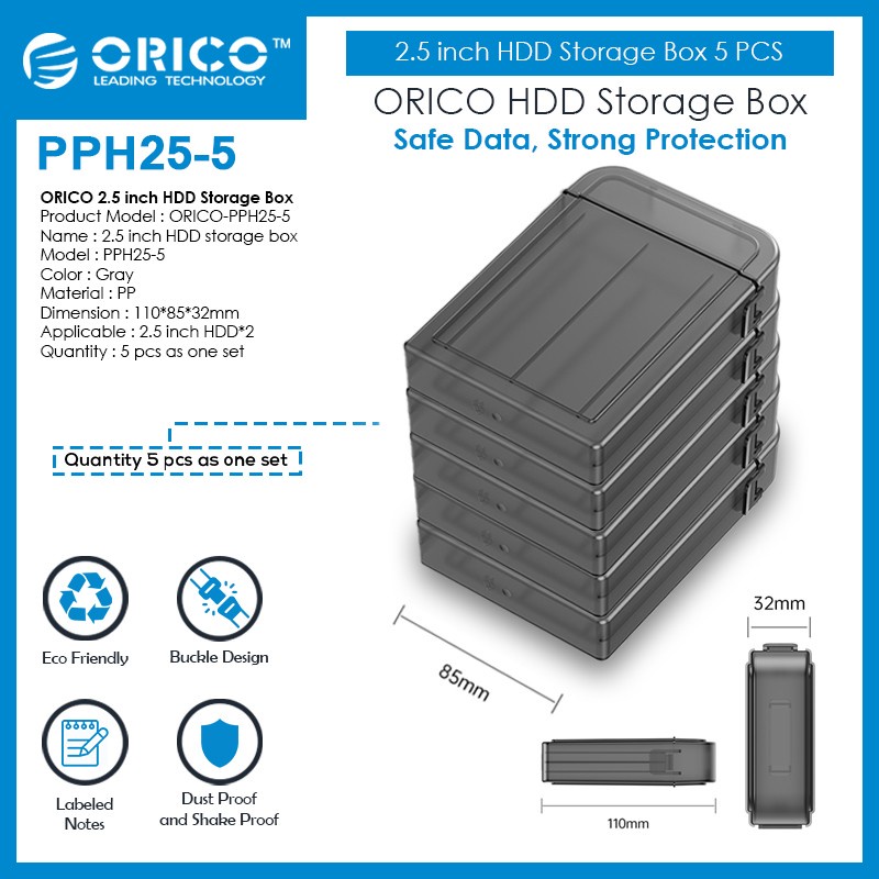 Storage case ssd hdd harddisk protector box orico 2.5&quot; 5pcs PP eva anti shock water dust proof pph25-5 pph-25 - Hardcase hard disk drive 2.5 inch