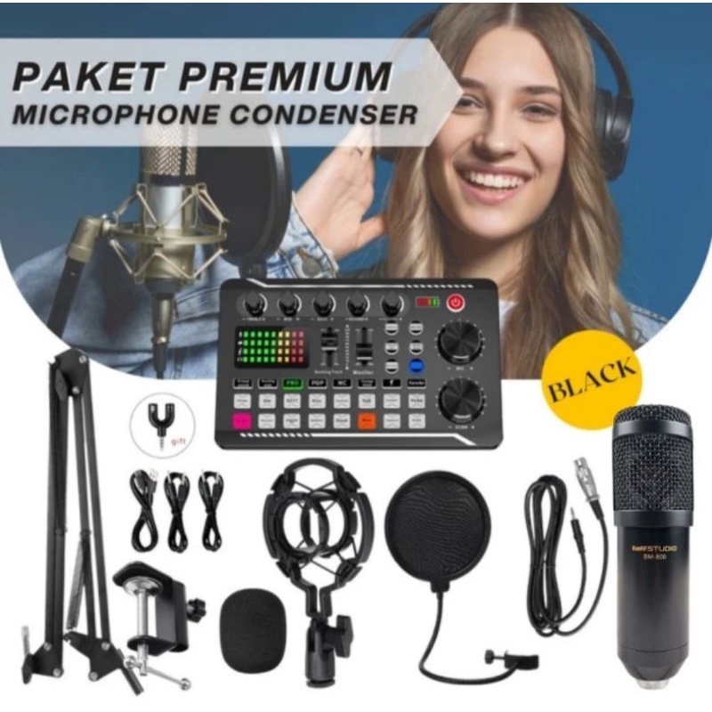 Paket Microphone Condenser BM800 Soundcard F998 Stand Arm Pop Filter