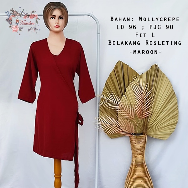 Dress Pesta Wanita Korean Bodycon Long Sleeve Mini Dress Wanita Lengan Panjang Maroon Wrap Dres V-Neck Kekinian