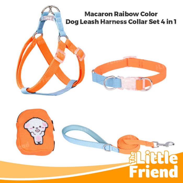 Harness Collar Leash Tali Anjing Kucing Macaron Rainbow Color 4 in 1