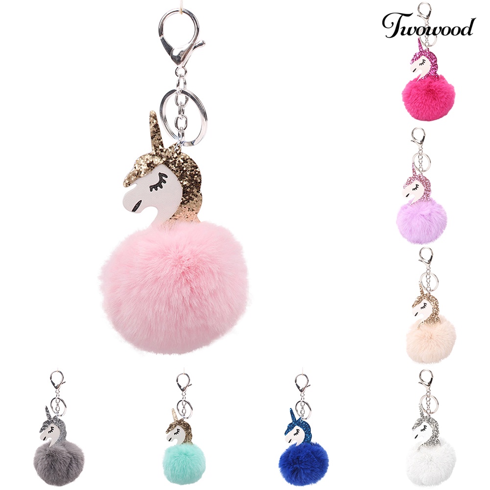 Twowood Lucu Shiny Sequin Unicorn Keychain Faux Fur Ball Keyring Bag Gantung Liontin