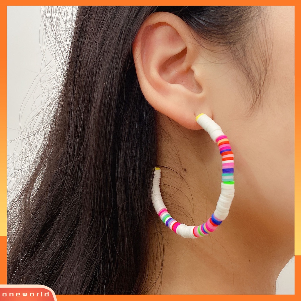 [WONE] 1pasang All-match Wanita Warna Pelangi Polymer Clay Bohemian Hoop Stud Earring Untuk Outdoor