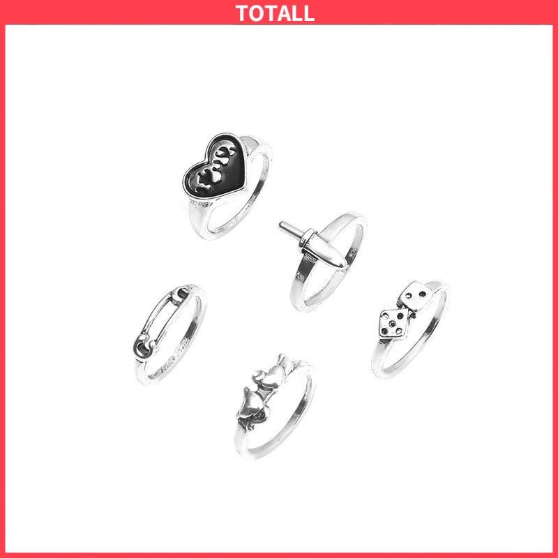 COD Domingo Ring Alloy peniti dadu love pedang retro silver cincin wanita fashion korea 5 set-Totall