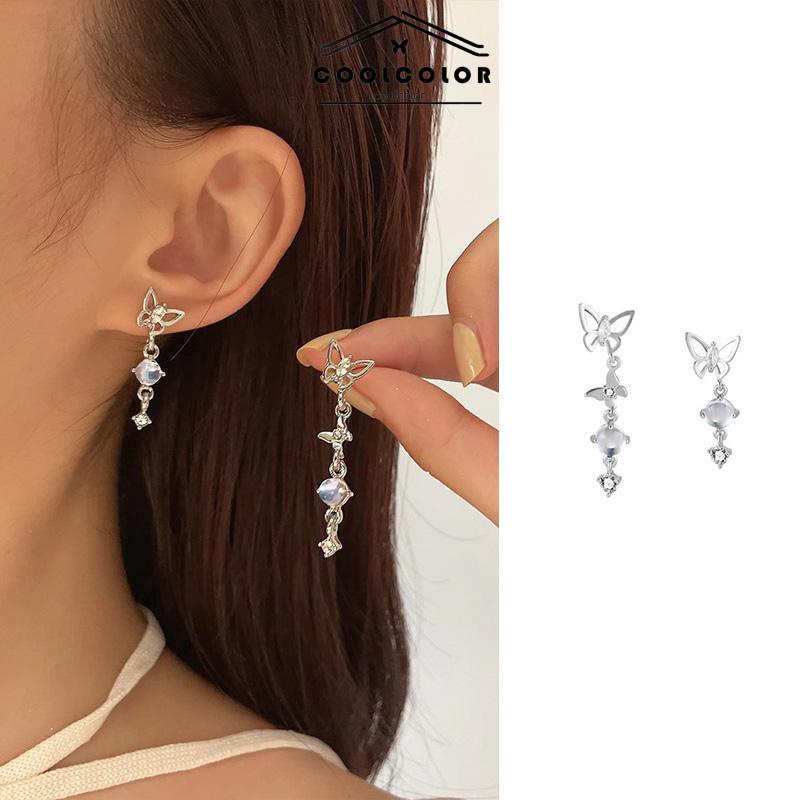 COD❤️S925 Anting Rumbai Kupu-kupu Asimetris Perak Desain Mewah Anting Premium Sense- cl