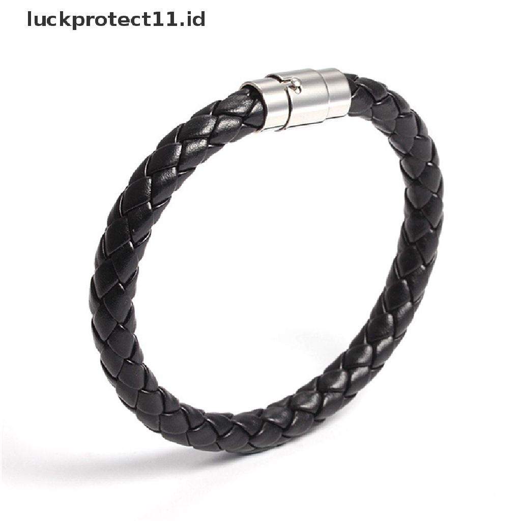 /Fashion Hot// Fashion// Wanita Pria Hitam Kulit Charm Gelang Stainless Steel Gelang Gesper Magnet.